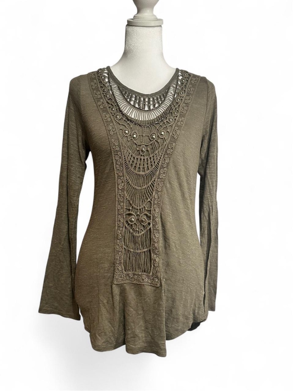 Olive Boho Crochet Studded Embroidered Long Sleeve Women's Top Size S